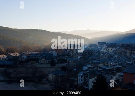 Beautiful Sunrise landscape on a mountain village in Bellver de Cerdanya, Girona, Catalonia Stock Photo