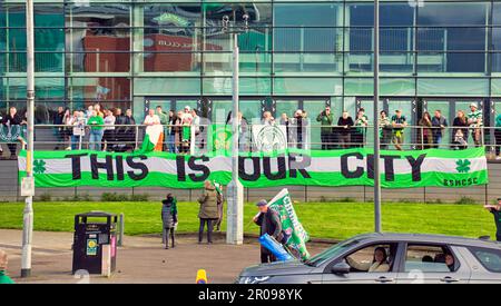 Glasgow, Scotland, UK 7th May, 2023.  Celtic park championship celebration saw massive crowds descend on the clubs stadium the biggest event this weekend and a strong police presence in the city centre. Credit Gerard Ferry/Alamy Live News Stock Photo