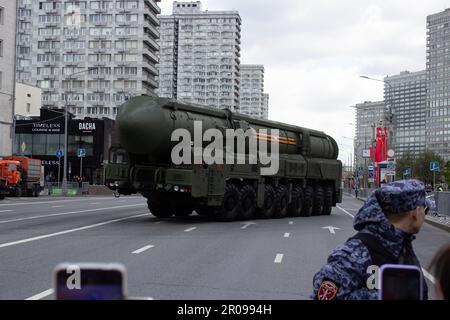 RS-24 Yars, a Russian MIRV-equipped thermonuclear armed intercontinental ballistic missile. The MIRV system permits a single missile to deliver multiple nuclear warheads to different targets. is seen in central Moscow during the general rehearsal of the Victory Day parade held on May 7, 2023. Traditional Victory Day military parades were cancelled in a number of Russian cities due to security and economic reasons. However, the Russian authorities said they would not cancel the Victory Day parade in the Russian capital despite a recent drone attack on the Kremlin. President Putin is expected to Stock Photo