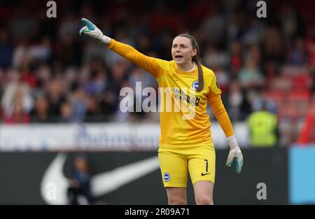 Crawley, UK. 7th May, 2023. Brighton's Megan Walsh during the Barclays Women's Super League match between Brighton & Hove Albion and West Ham United at the Broadfield Stadium in Crawley. Credit: James Boardman/Alamy Live News Stock Photo
