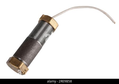 Handmade Pipe Bomb with slow match isolated on white Stock Photo
