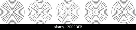 Set of circular ripple symbols. Concentric circles with broken lines isolated on white background. Vortex, sonar wave, soundwave, sunburst, sound Stock Vector