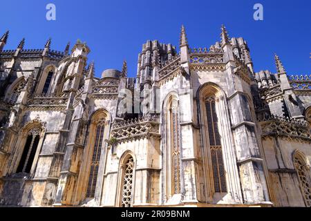 Batalha, Portugal - August 15, 2022: Detail of exterior of Monastery showing gothic and intricate design features Stock Photo