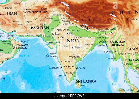 close up of a world map with asian side, India subcontinental in focus Stock Photo
