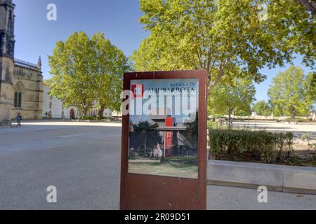 Batalha, Portugal - August 15, 2022: Sign for battle of Aljubarrota interpretation center outside of Monastery Stock Photo