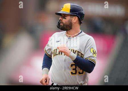 MILWAUKEE, WI - APRIL 22: Milwaukee Brewers designated hitter Jesse Winker  (33) is hit by a pitch during a game between the Milwaukee Brewers and the  Boston Red Sox on April 22