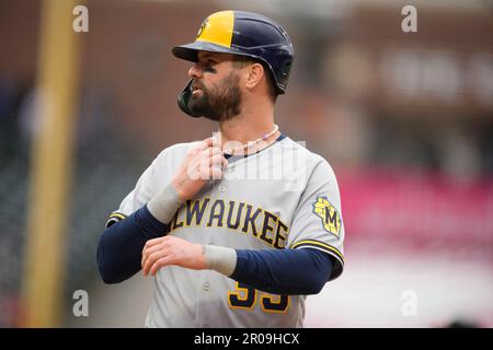 MILWAUKEE, WI - APRIL 22: Milwaukee Brewers designated hitter Jesse Winker  (33) is hit by a pitch during a game between the Milwaukee Brewers and the  Boston Red Sox on April 22