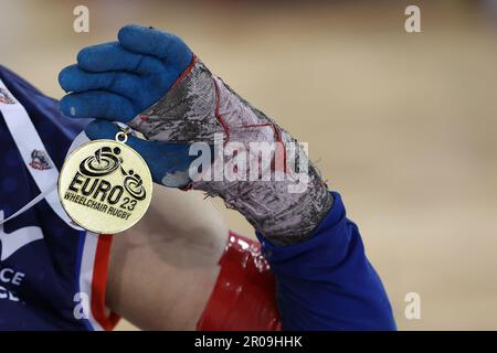 Cardiff, UK. 07th May, 2023. French player holds the gold medal. Great Britain v France, Final match, 2023 Wheelchair rugby European championship, final day at the Principality Stadium in Cardiff on Sunday 7th May 2023. pic by Andrew Orchard/Andrew Orchard sports photography/ Alamy Live News Credit: Andrew Orchard sports photography/Alamy Live News Stock Photo