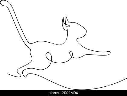 Abstract image of a jumping cat drawing in one continuous line. Happy cat day. Minimalist art. Sticker. Icon. Isolate. Design for poster, banner, brochures or price tag, label or cards. Vector. EPS. Stock Vector