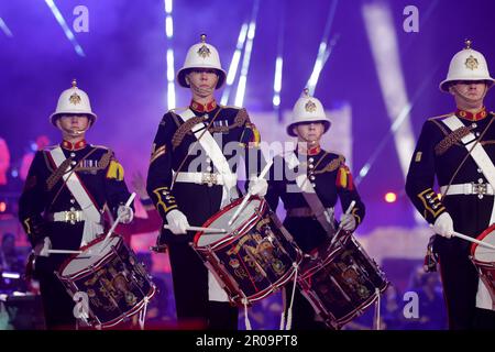 A military band on stage at the Coronation Concert held in the grounds of Windsor Castle, Berkshire, to celebrate the coronation of King Charles III and Queen Camilla. Picture date: Sunday May 7, 2023. Stock Photo