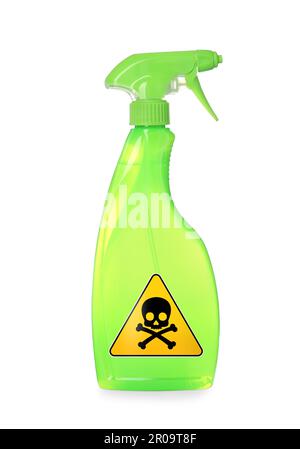 Bottle of toxic household chemical with warning sign on white background Stock Photo