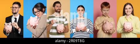 Collage with photos of people holding ceramic piggy banks on different color backgrounds. Banner design Stock Photo