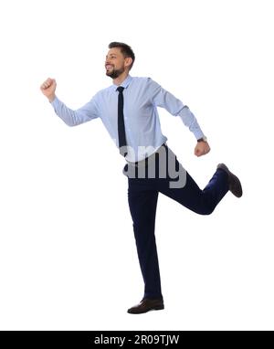 Handsome bearded businessman running on white background Stock Photo