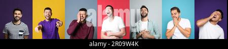 Collage with photos of handsome men laughing on different color backgrounds. Banner design Stock Photo