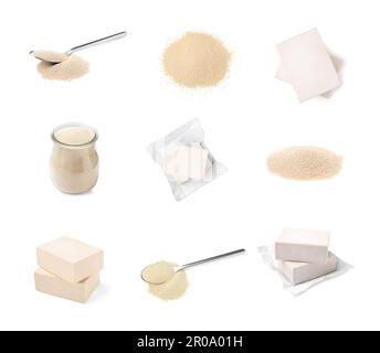Set with different yeast on white background Stock Photo