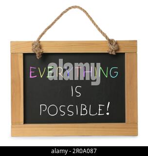 Small chalkboard with motivational quote Everything is possible on white background Stock Photo