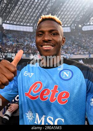 Naples, Italy. 7th May, 2023. Napoli's Victor Osimhen celebrates after the Italian Serie A football match between Napoli and Fiorentina in Naples, Italy, May 7, 2023. Credit: Alberto Lingria/Xinhua/Alamy Live News Stock Photo