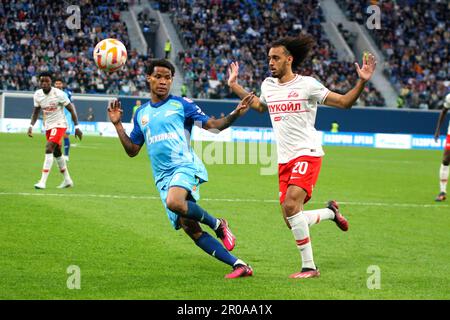 Saint Petersburg, Russia. 07th May, 2023. Tomas Tavares (No.20) of Spartak and Wilmar Enrique Barrios Teran, commonly known as Wilmar Barrios (No.5) of Zenit in action during the Russian Premier League football match between Zenit Saint Petersburg and Spartak Moscow at Gazprom Arena. Zenit 3:2 Spartak. Credit: SOPA Images Limited/Alamy Live News Stock Photo