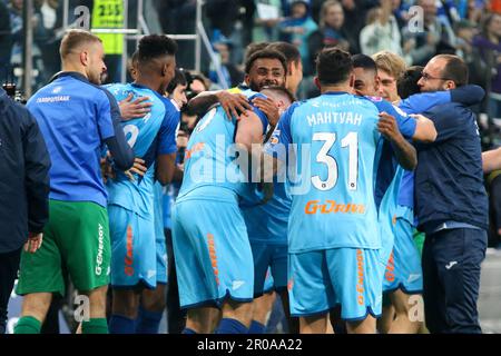 Saint Petersburg, Russia. 07th May, 2023. Gustavo Mantuan (No.31) of Zenit seen celebrate a score with teammate during the Russian Premier League football match between Zenit Saint Petersburg and Spartak Moscow at Gazprom Arena. Zenit 3:2 Spartak. Credit: SOPA Images Limited/Alamy Live News Stock Photo