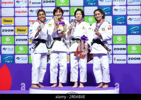 (L-R)  Shirine Boukli (FRA),  Natsumi Tsunoda (JPN),  Wakana Koga (JPN),  Assunta Scutto (ITA),  MAY 7, 2023 -Judo : World Judo Championships Doha 2023  Women's -48kg  Award Ceremony  at Ali Bin Hamad Al Attiyah Arena, Doha, Qatar. (Photo by Naoki Nishimura/AFLO SPORT) Stock Photo