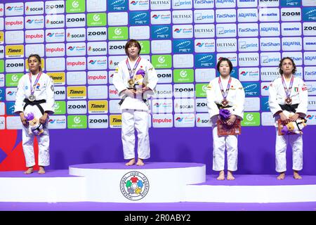 (L-R)  Shirine Boukli (FRA),  Natsumi Tsunoda (JPN),  Wakana Koga (JPN),  Assunta Scutto (ITA),  MAY 7, 2023 -Judo : World Judo Championships Doha 2023  Women's -48kg  Award Ceremony  at Ali Bin Hamad Al Attiyah Arena, Doha, Qatar. (Photo by Naoki Nishimura/AFLO SPORT) Stock Photo