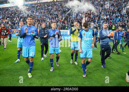 Saint Petersburg, Russia. 07th May, 2023. Zelimkhan Bakaev (7), Nuraly Alip (28), Danil Krugovoy (4), Aleksei Sutormin (19), Zenit Football Club players seen after the end of the match of the 26th round of the Russian Premier League season 2022/2022, Zenit - Spartak, where Zenit football club became the Champion of Russia in football. Zenit 3:2 Spartak. Credit: SOPA Images Limited/Alamy Live News Stock Photo