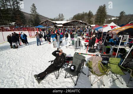 2023 Ski East.  Parents, friends, team coaches, high schools, sponsors and more than 300 Massachusetts high school alpine ski racers gathered at Berkshire East Ski Resort, 123 miles (200 km) West of Boston, MA, for the 2023 State championship slalom and giant slalom championships on March 1 2023. Stock Photo