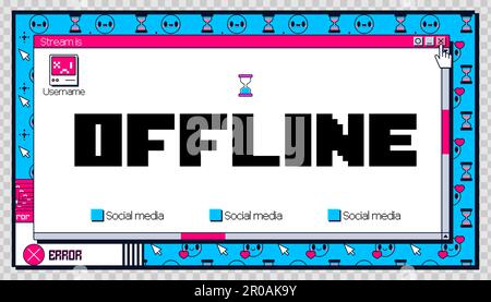 Y2k offline game stream banner background with error. Twitch creative layout in blue and pink. Streamer broadcast interface template with folder and loading icon for social media button. Stock Vector