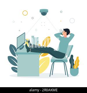 CCTV. A vector illustration of a surveillance camera taking pictures of how an employee leaned back in his chair, put his legs on the table and speaks Stock Vector