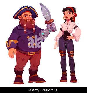 Male and female pirate characters isolated on white background. Vector cartoon illustration of bearded marine captain with sword in bionic arm prosthesis and attractive corsair girl. Game heroes Stock Vector