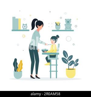 Vector illustration of a woman feeds a baby girl sitting in a highchair, on the background of a shelf with books and a pear, a clock, flower pots with Stock Vector