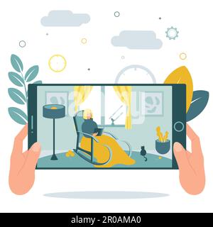 CCTV. Video surveillance. Remote access. Watch video recording from surveillance cameras on a tablet or smartphone. Grandma is reading in a rocking Stock Vector