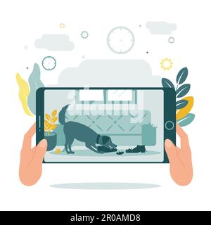 CCTV.Video Surveillance. Remote access. A man looks into a tablet or phone and seeing that the dog is chewing on things. Watching the dog with video Stock Vector