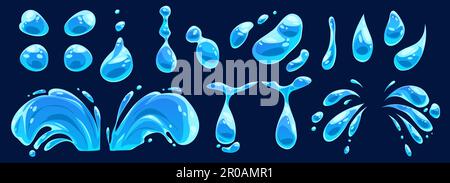 Cartoon set of water drops and splashes isolated on black background. Vector illustration of blue rain droplets, tears, shower spray, dew blobs, symbol of moisture, wet surface design elements Stock Vector