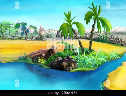Palm trees near a small river in the African savannah oasis on a sunny day. Digital Painting Background, Illustration. Stock Photo