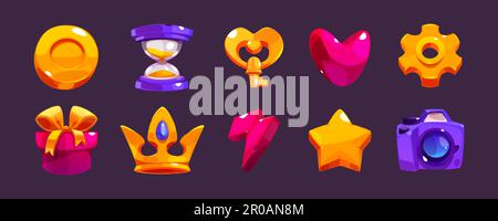 Game icons with heart, lightning, key, crown, gold cup and star