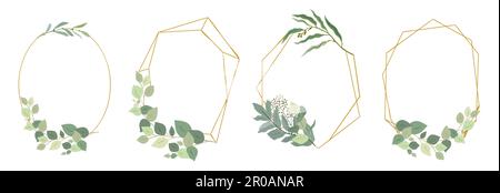 Set of golden geometric frames with eucalyptus. Stock Vector