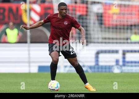 Nuremberg, Germany. 07th May, 2023. Soccer: 2nd Bundesliga, 1. FC Nürnberg - 1. FC Kaiserslautern, Matchday 31 at Max Morlock Stadium. Nuremberg's Kwadwo Duah plays the ball. Credit: Daniel Karmann/dpa - IMPORTANT NOTE: In accordance with the requirements of the DFL Deutsche Fußball Liga and the DFB Deutscher Fußball-Bund, it is prohibited to use or have used photographs taken in the stadium and/or of the match in the form of sequence pictures and/or video-like photo series./dpa/Alamy Live News Stock Photo