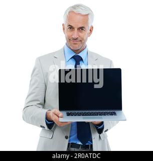Giving you many business options. Studio shot of a mature businessman presenting a blank laptop screen isolated on white. Stock Photo