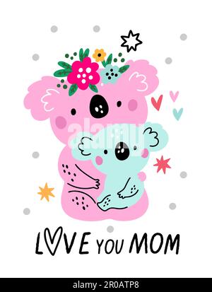 Cute koala greeting card. Kid loving mother. Happy mom and cub hugging. Cartoon animals. Zoo character with floral wreath. Funny family. Australian Stock Vector