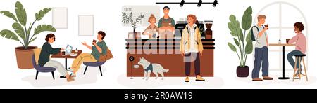 Coffee shop visitors. Restaurant customers. Happy people in cafe. Friends sitting at tables and chatting. Professional barista makes cappuccino Stock Vector