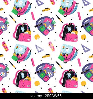 School elements seamless pattern. Colorful students backpacks with stationery. Rulers and pencils. Studying cases. Pupils rucksacks. Schoolbags with Stock Vector