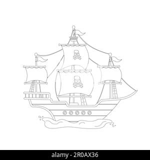 Wooden pirate ship for coloring book. Piracy black and white coloring page. Isolated vector outline illustration. Children education Stock Vector