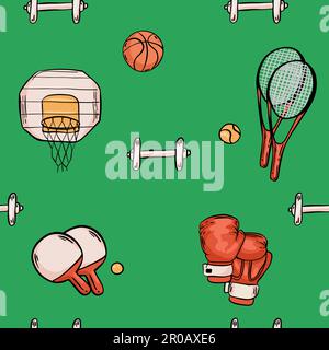 Hand drawn sketch sport seamless vector pattern with sports equipment. Stock Vector