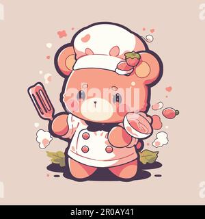 A cute teddy bear is wearing a chef hat and holding a spatula. Stock Vector