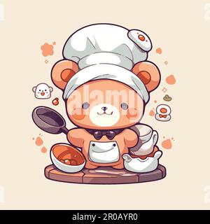 A cute little bear is cooking in a japanese kitchen. Stock Vector