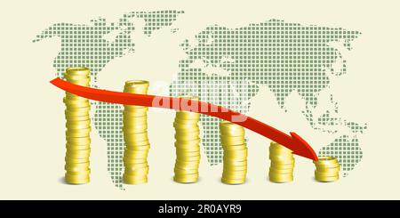World crisis, decrease chart, moving down arrow on background global map. Chart of financial decline, global economic crisis, recession, decrease grap Stock Vector