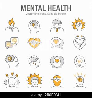 Mental health icons such as stress, anxiety, therapy, anger and more. Vector illustration isolated on white. Editable stroke. Stock Vector