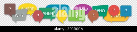 Questions who, what, how, why, for what and where on a colorful speech bubble icons. Communication inclusion people concept. Vector illustration on tr Stock Vector