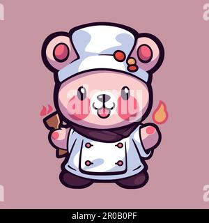A cartoon bear with a chef hat and a white hat holds a piece of paper. Stock Vector